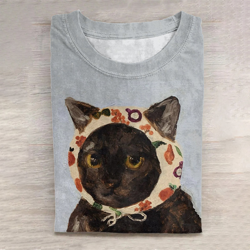 Cat Family Abstract Creative  Fashion Cute Babushka Cat Art Print Cotton Graphic T-shirt elevenforest