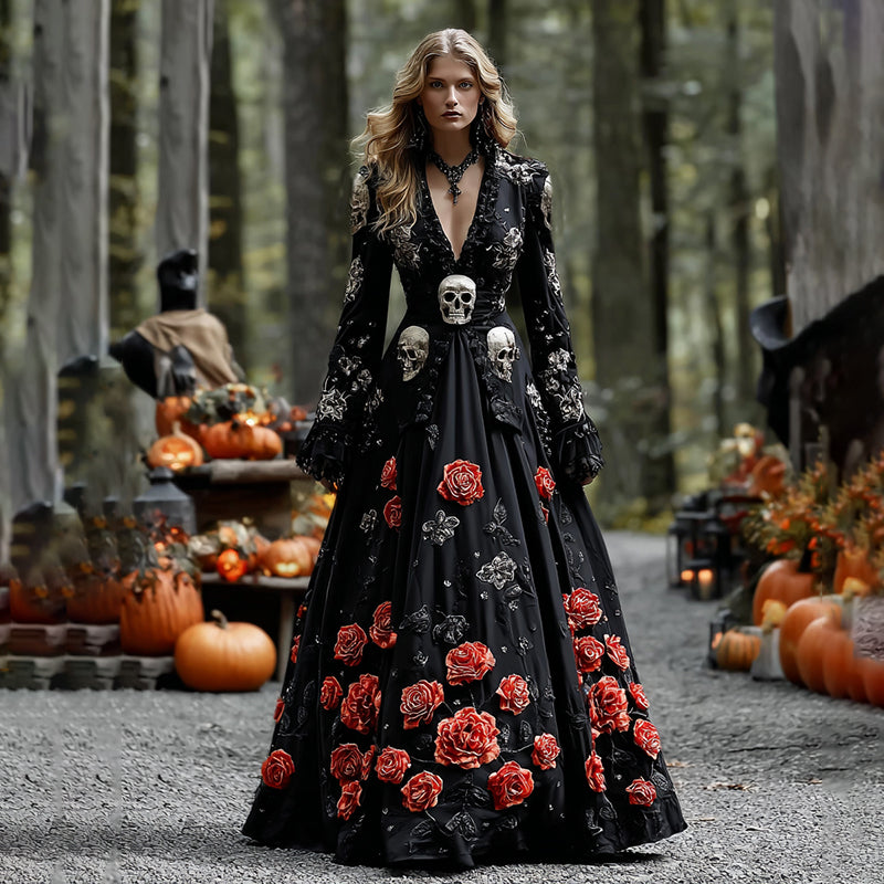 Comstylish Women's Elegant Skull Flower Pattern V-neck Long Sleeve Maxi Dress