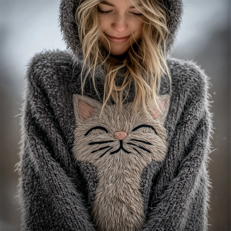 Comstylish Smiling Fuzzy Cat Embroidered Cozy Hooded Sweater