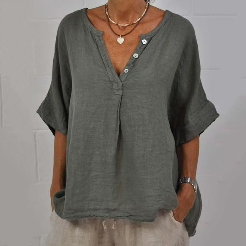 Women's Solid Color Button Linen V-neck Shirt artswardrobe