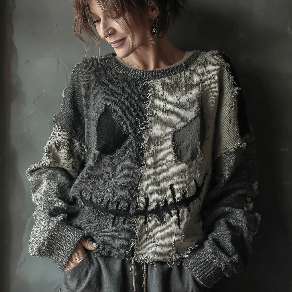 Halloween Spooky Face Sewn Knitted Crew Neck Sweater artswardrobe