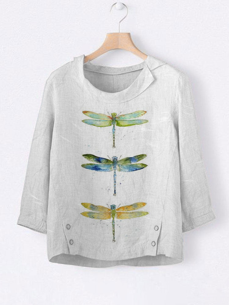 Comstylish Women's Casual Watercolor Dragonfly Tree Cotton Blend Print T-shirt