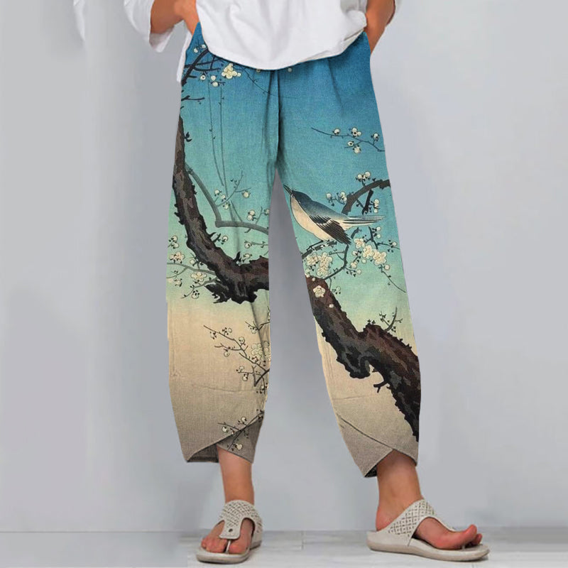 Comstylish Japanese Art Flower&Bird Print Loose Casual Pants