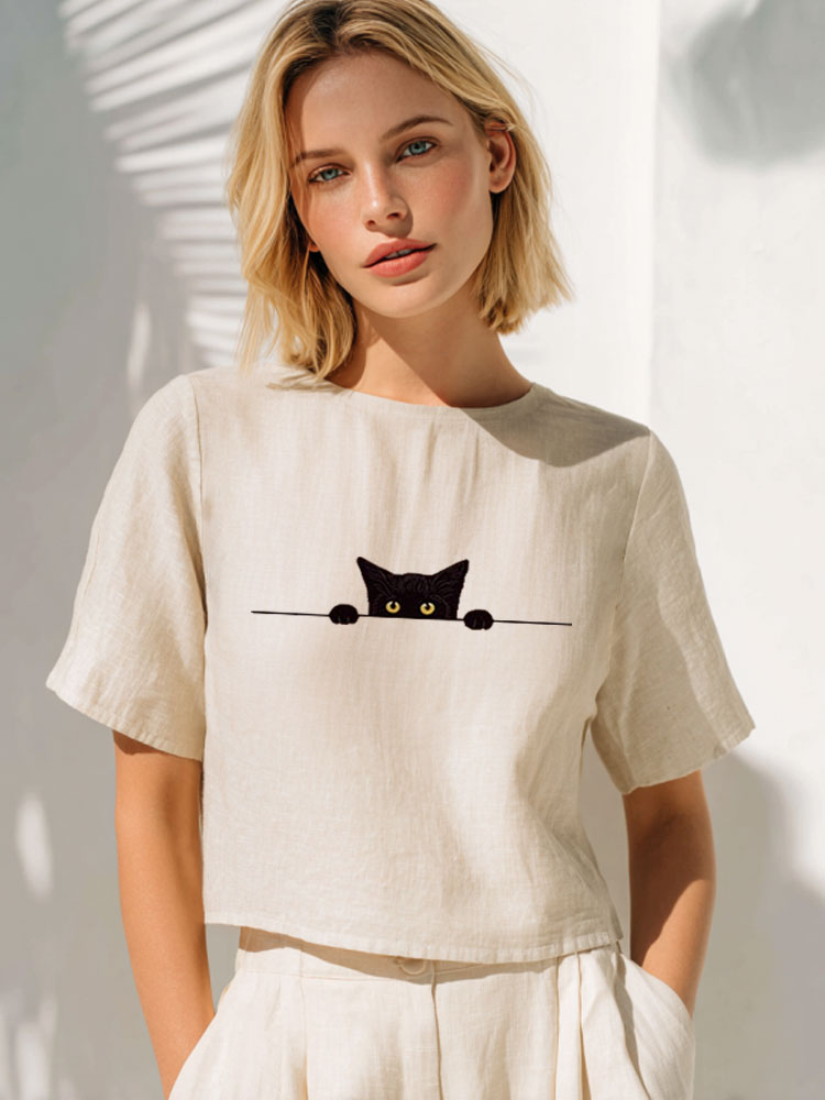 Comstylish Women's Casual Funny Black Cat Print T-shirt