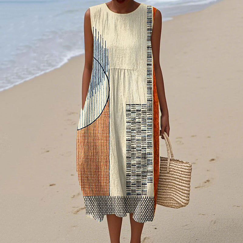 Comstylish Women's Retro Abstract Geometric Print Cotton Linen Sleeveless Dress