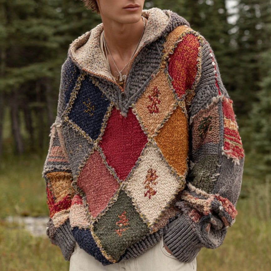 Men's Geometric Colorblock Sweater Knitted Warm Hooded Sweater artswardrobe