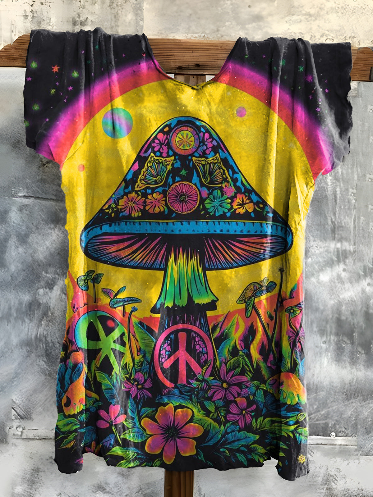 Women's Mushroom Floral Hippie Art Print Cotton Crew Neck T-Shirt