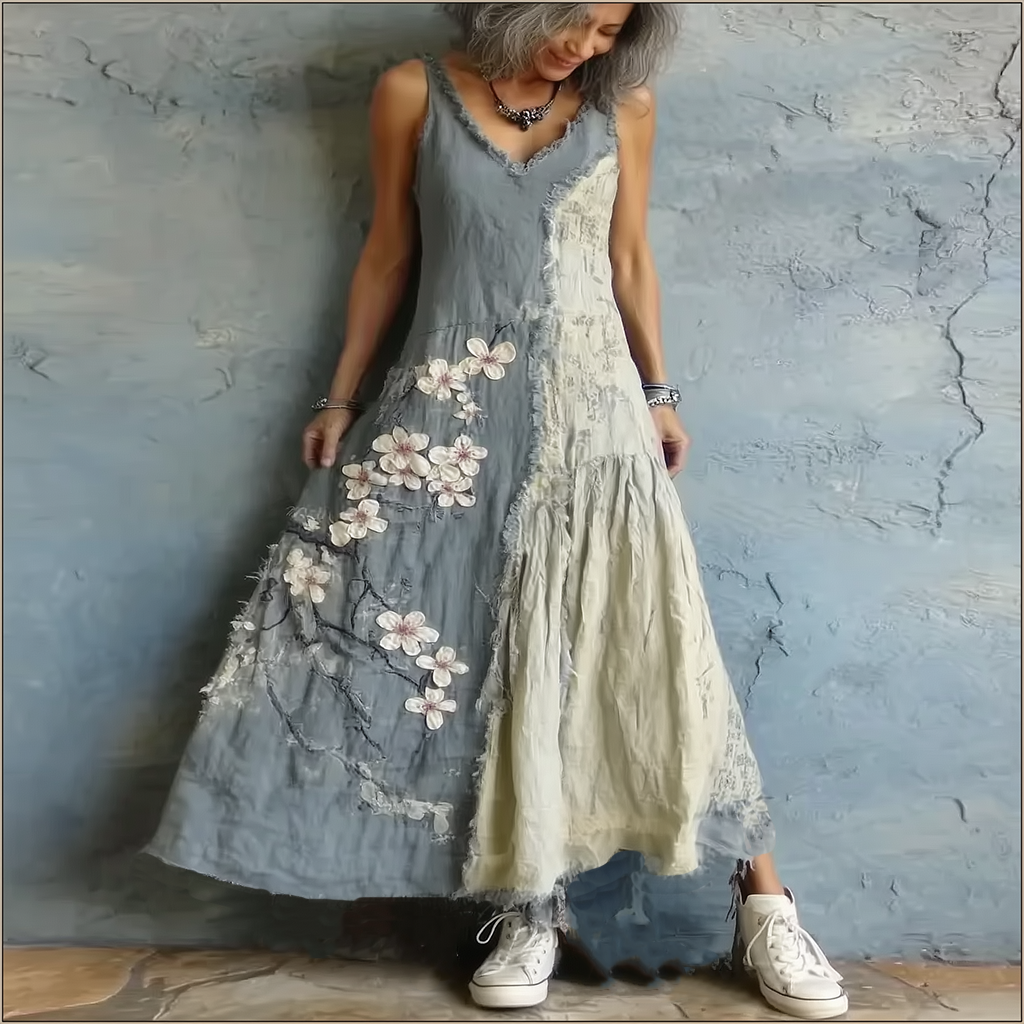 Comstylish Women's Retro Japanese Sakura Splicing Sleeveless Dress