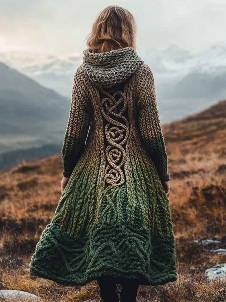 Women's Vintage Contrast Color Celtic Knot Chunky Knit Hooded Cardigan artswardrobe