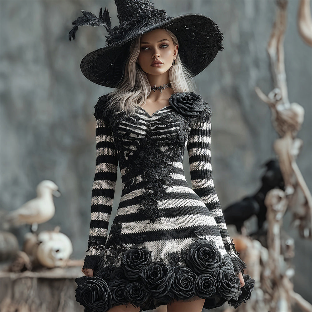 Halloween Dark Floral Stripe Artistic Women's Knit V-neck Mini Dress artswardrobe