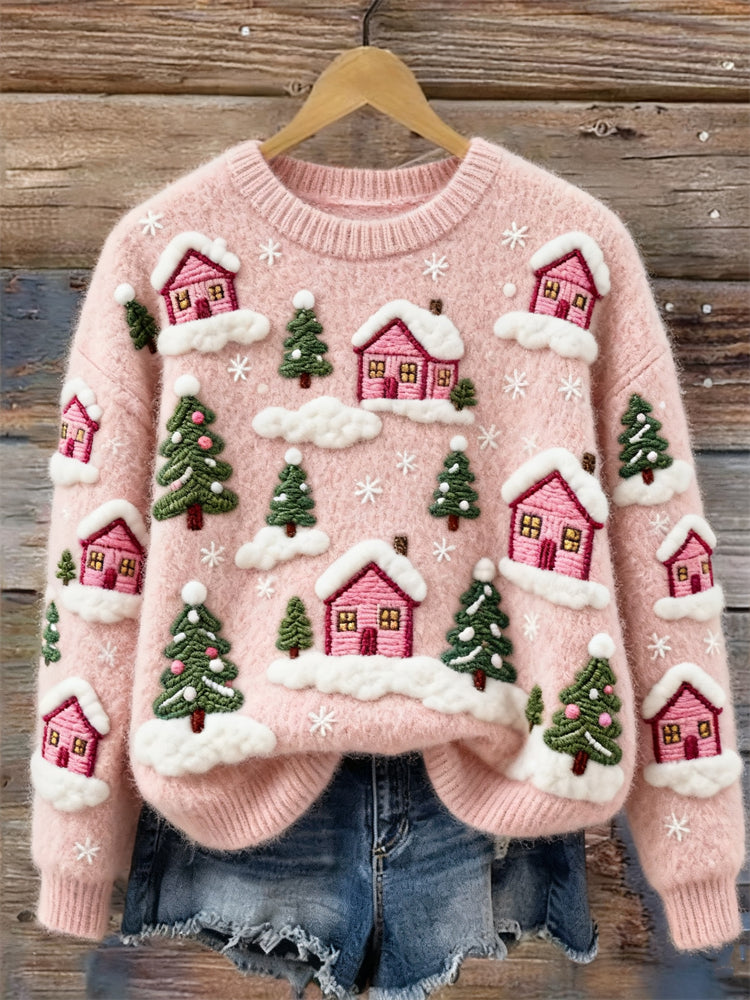 Christmas Pink Cottage Snowy Landscape Cozy Knit Sweater artswardrobe