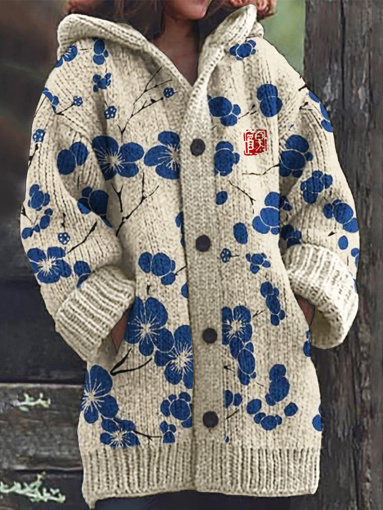 Comstylish Cherry Blossom Japanese Lino Pattern Cozy Hooded Cardigan