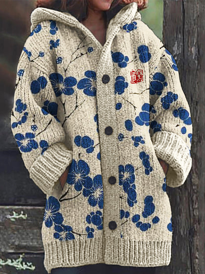Comstylish Cherry Blossom Japanese Lino Pattern Cozy Hooded Cardigan