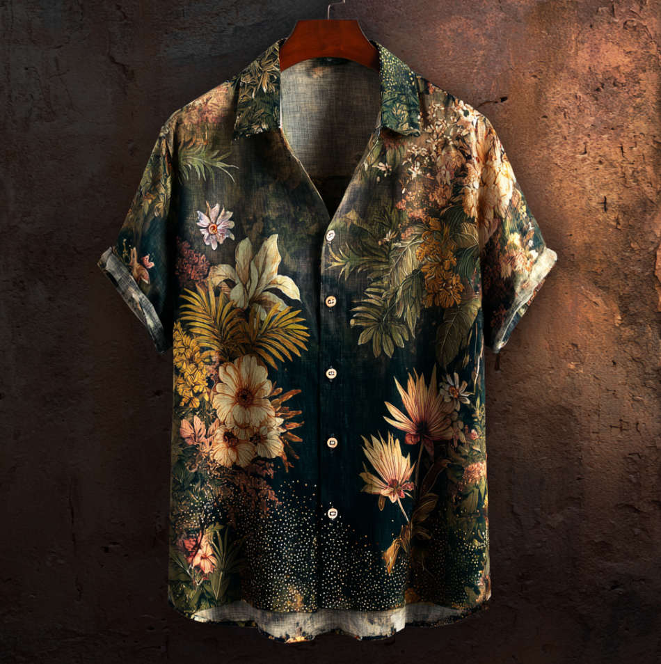 Bohemian Style Plant And Flower Pattern Men's Retro Cotton And Linen Shirt artswardrobe