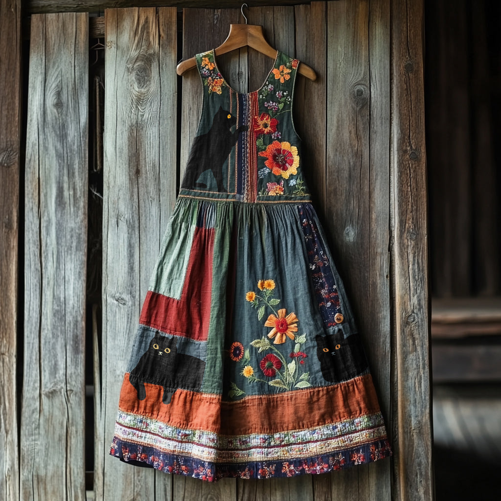 Vintage Black Cat  Floral Linen Tank Dress artswardrobe