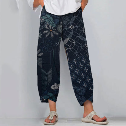 Comstylish Vintage Japanese Indigo Blooming Traditional Sashiko Patchwork Art Cropped Casual Pants