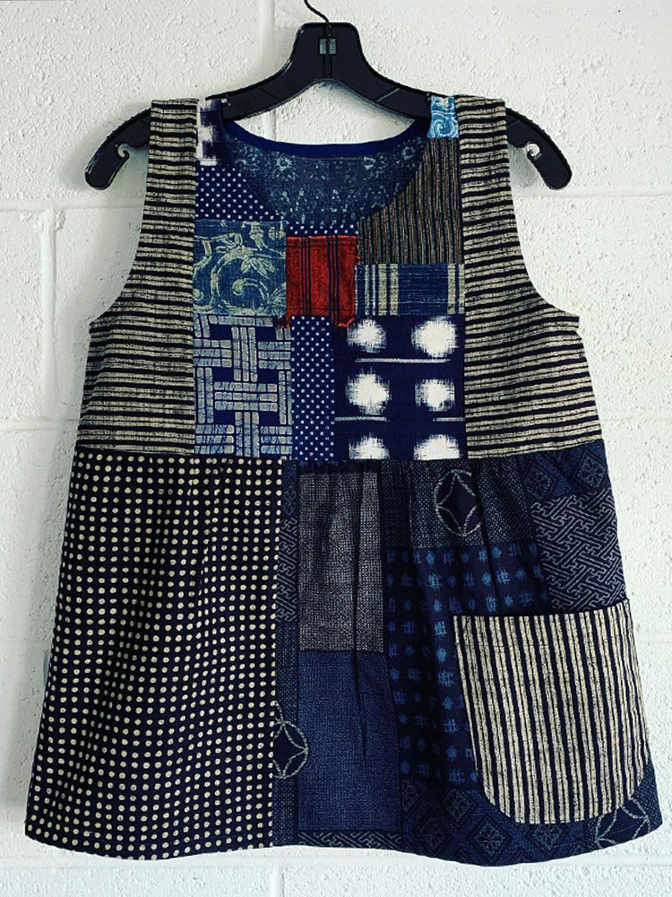 Comstylish Japanese Art Striped Patchwork Art Linen Tank Top