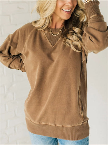 Comstylish Women's Ribbed Accent Pocketed Pullover