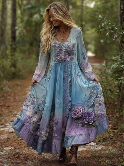 Vintage Classy Gradient Purple Lavender And Floral Embroidered Maxi Dress artswardrobe