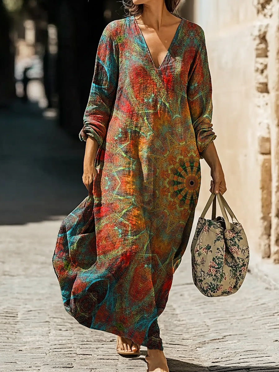 Women's Retro Ethnic Mandala Print Pocket Cotton Dress