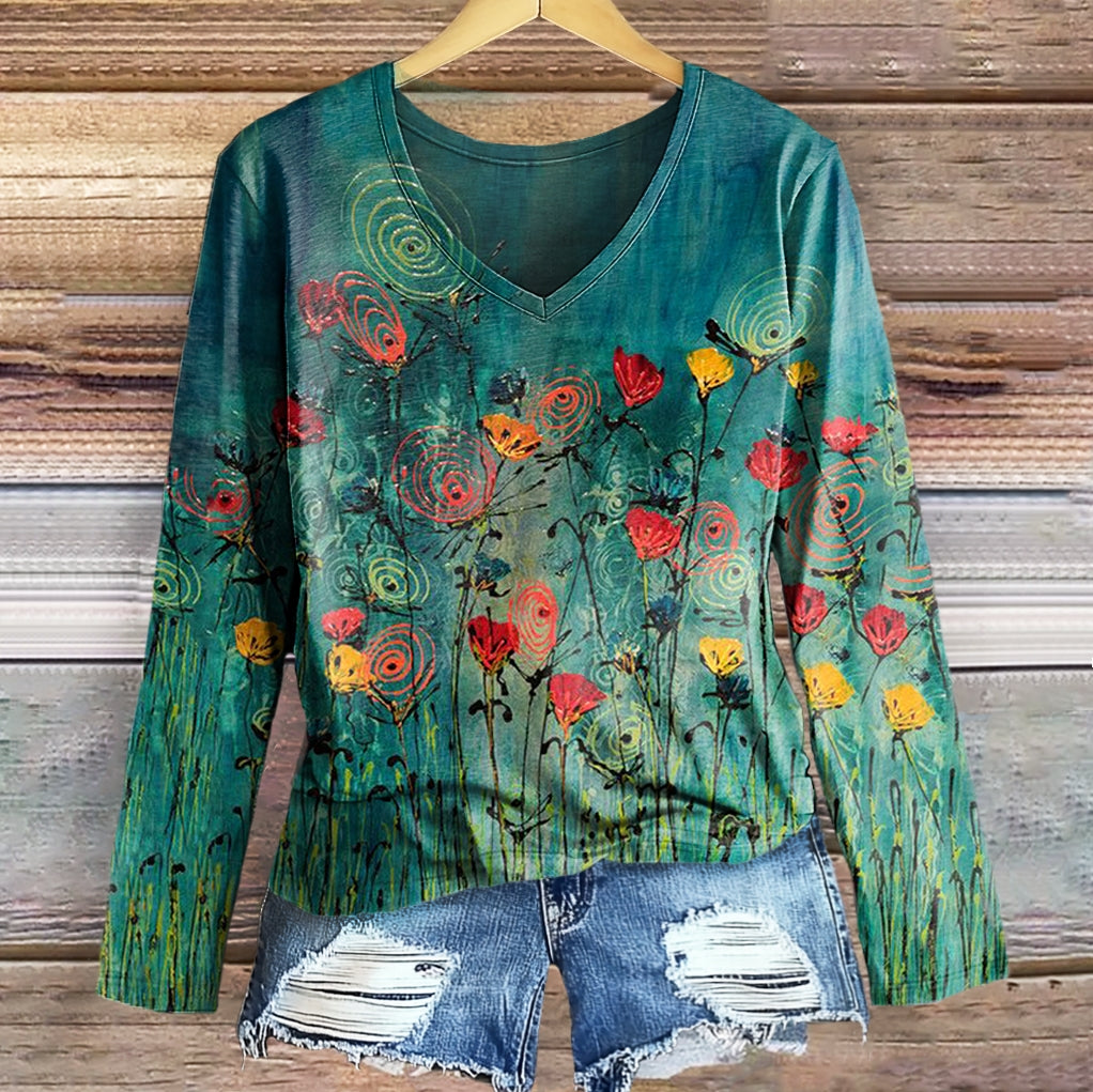 Women's Floral Art Print Casual V-Neck Long Sleeve T-Shirt
