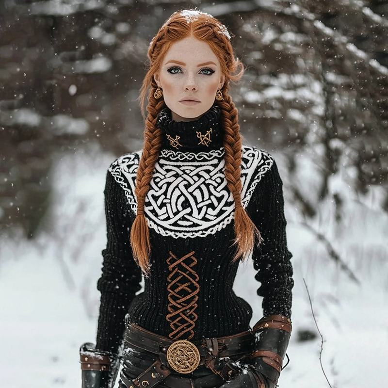 Women's Viking Style Celtic Knot Line Type Knitted High Neck Sweater artswardrobe