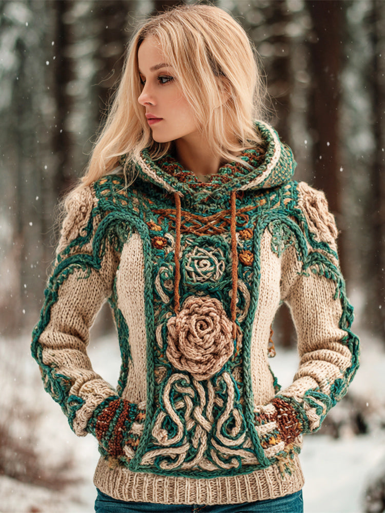 Celtic Knot & Rose Knit Art Women's Hooded Sweater artswardrobe