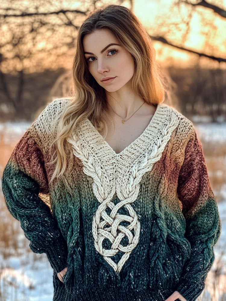Celtic Knot Pattern Women's Gradient V-neck Sweater artswardrobe
