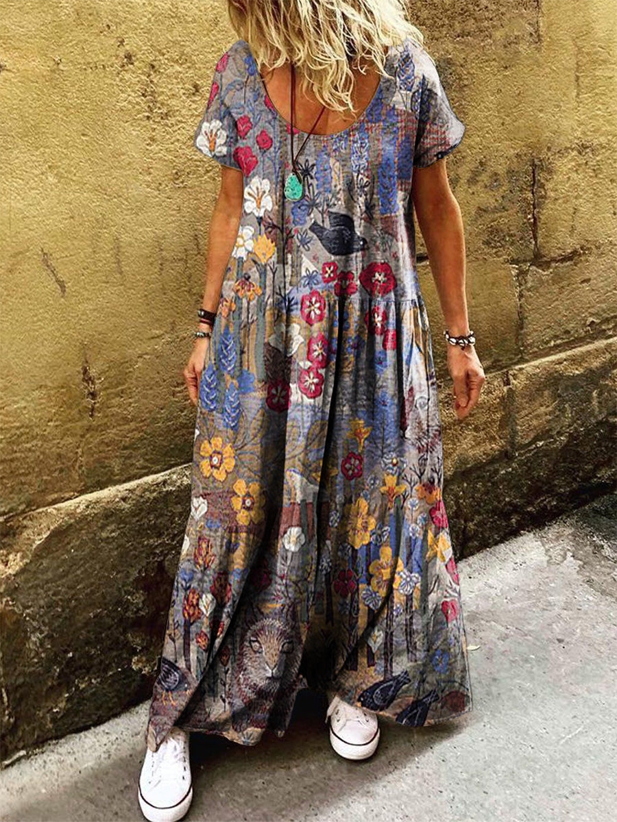 Women's Vintage Bohemian Art Print Pocket Short Sleeve Cotton Dress