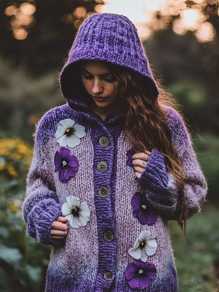 Women's Flowers Embroidery Gradient Color Cozy Knit Hooded Cardigan artswardrobe