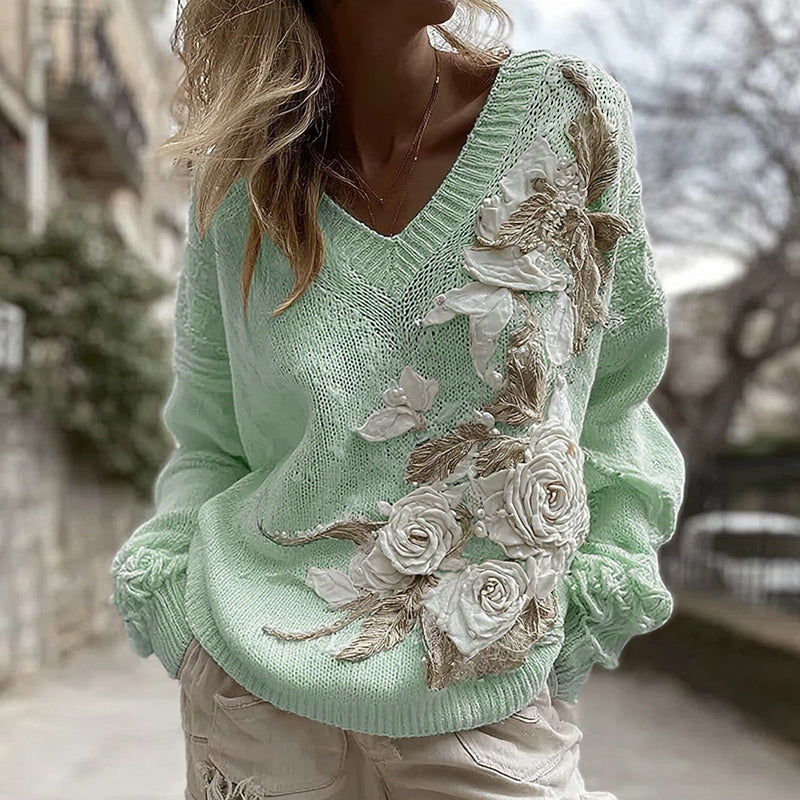 Women's White Rose Knitted Warm V-neck Sweater artswardrobe