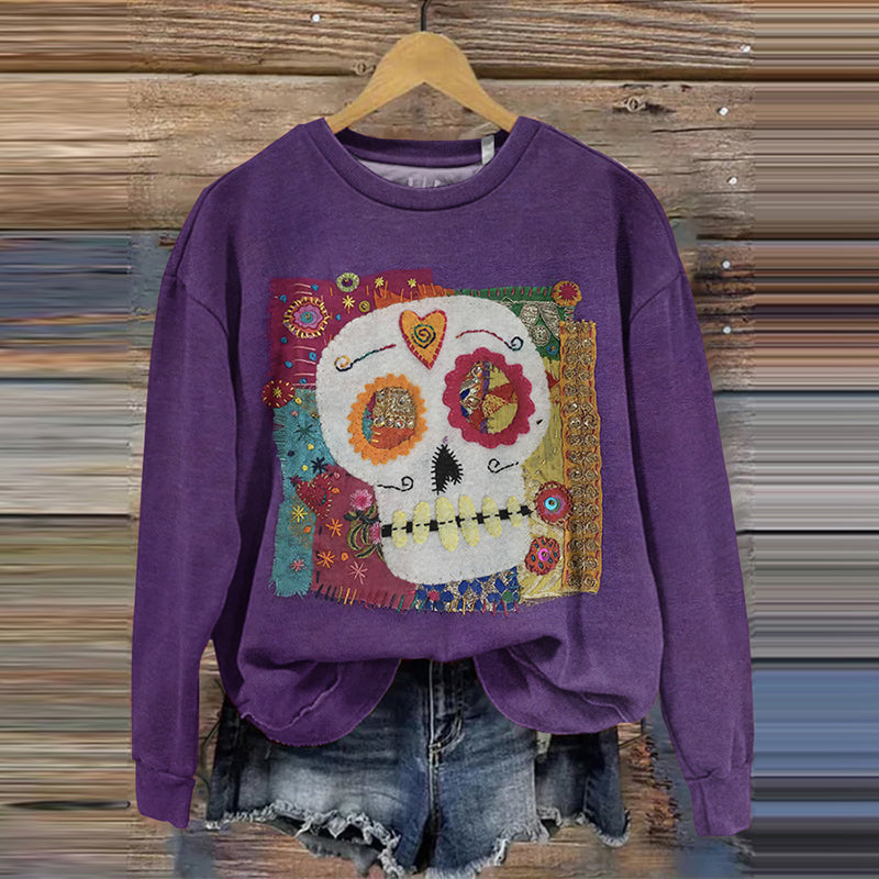 Comstylish Mexican Day Of The Dead Skull Round Neck Long Sleeve Sweatshirt
