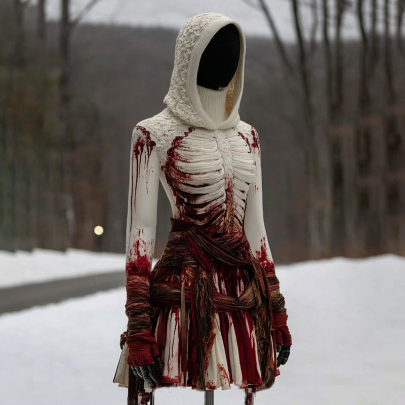 Comstylish Women's Vintage Skeleton Gradient Art Cozy Sweater Hooded Dress