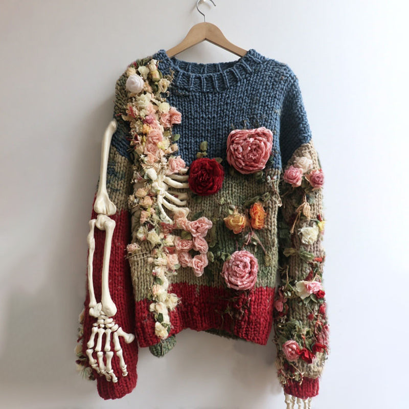 Comstylish Women's Vintage Skeleton And Rose Art Color Block Cozy Sweater