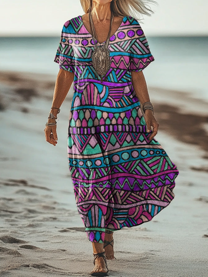 Women's Art Painting Hippie Retro Print V-Neck Short Sleeve Dress