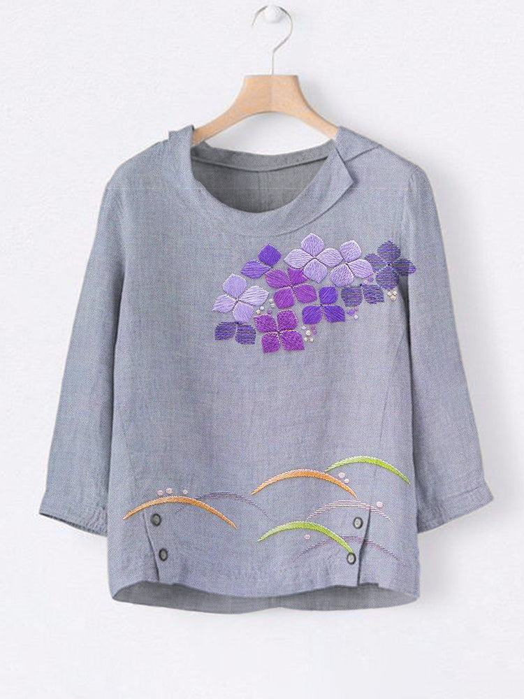 Comstylish Japanese Botanical Flower Embroidery Pattern Women's Linen Lapel Top