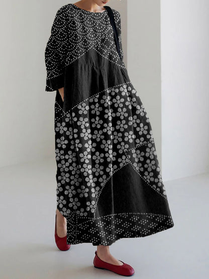 Comstylish Vintage Japanese Art Pattern Linen Blend Maxi Dress