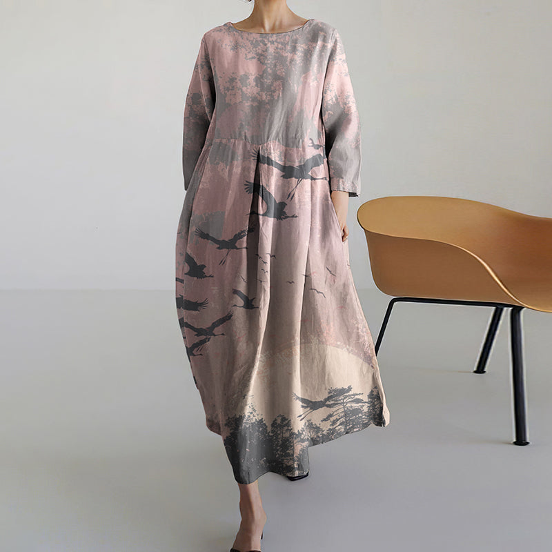Comstylish Vintage Japanese Art Flying Bird and Landscape Print Midi Dress