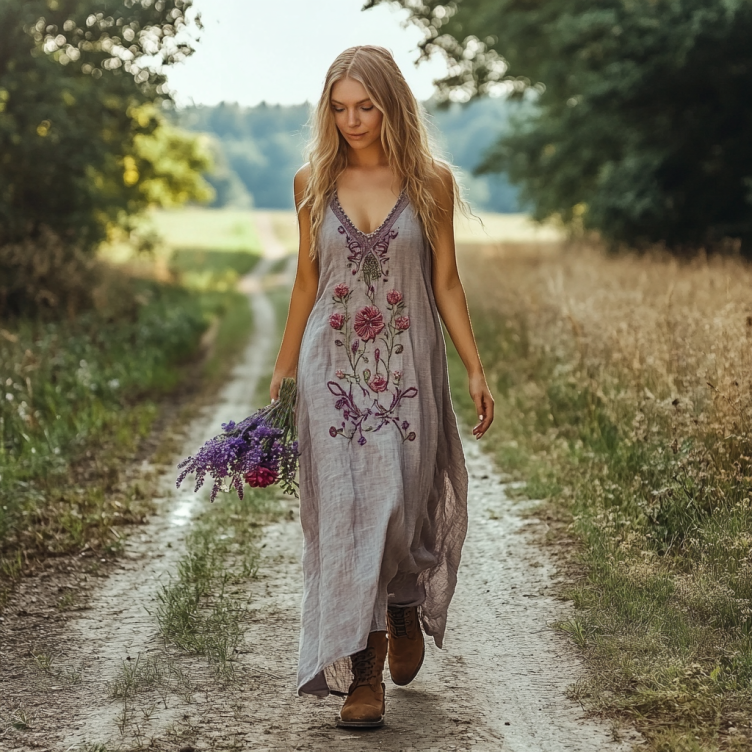 Spring Girl Green Pastoral Style Retro Bohemian Resort Art Floral Embroidery Pattern Linen Tank Dress artswardrobe