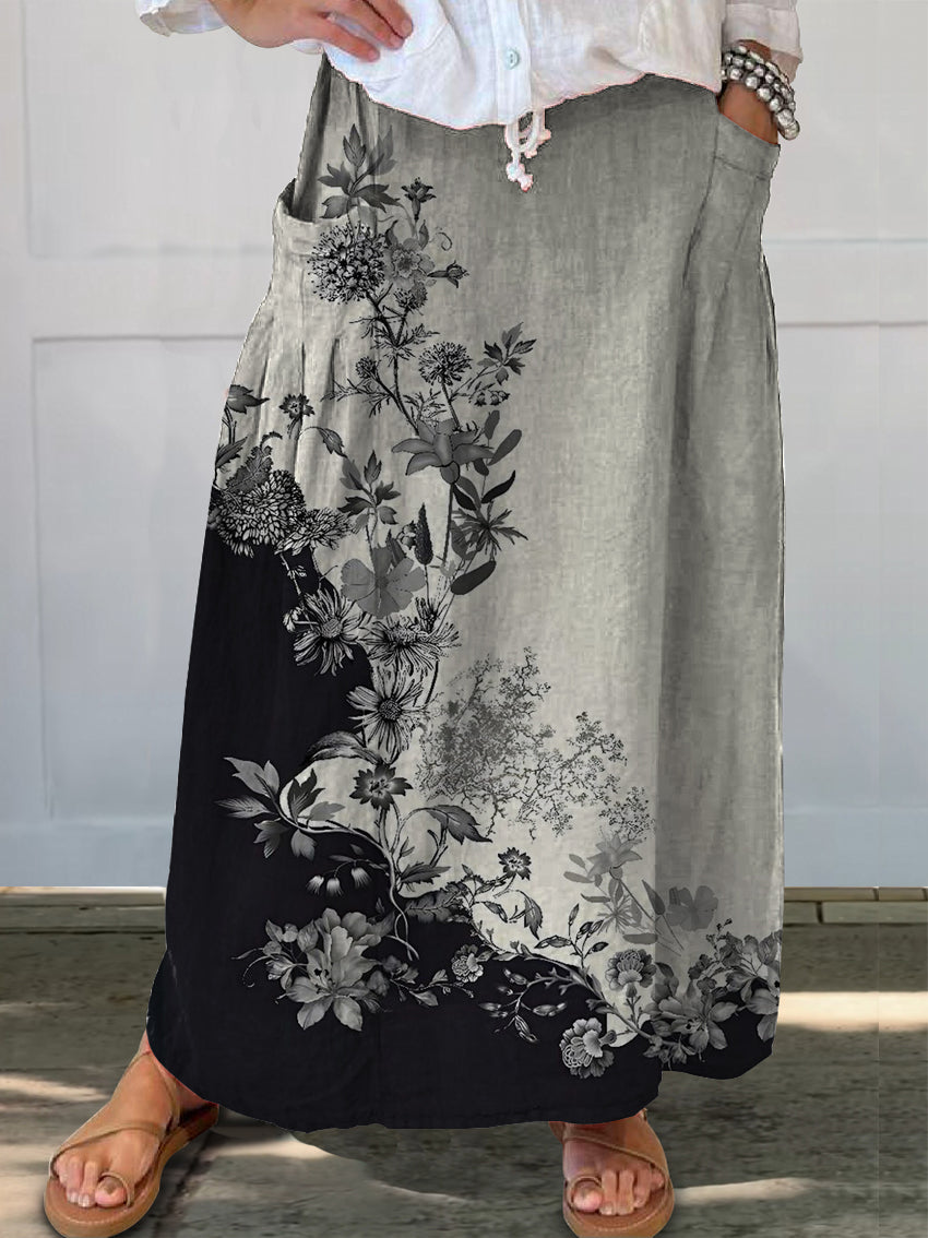 Women's Floral Art Printed Linen Pocket Skirt