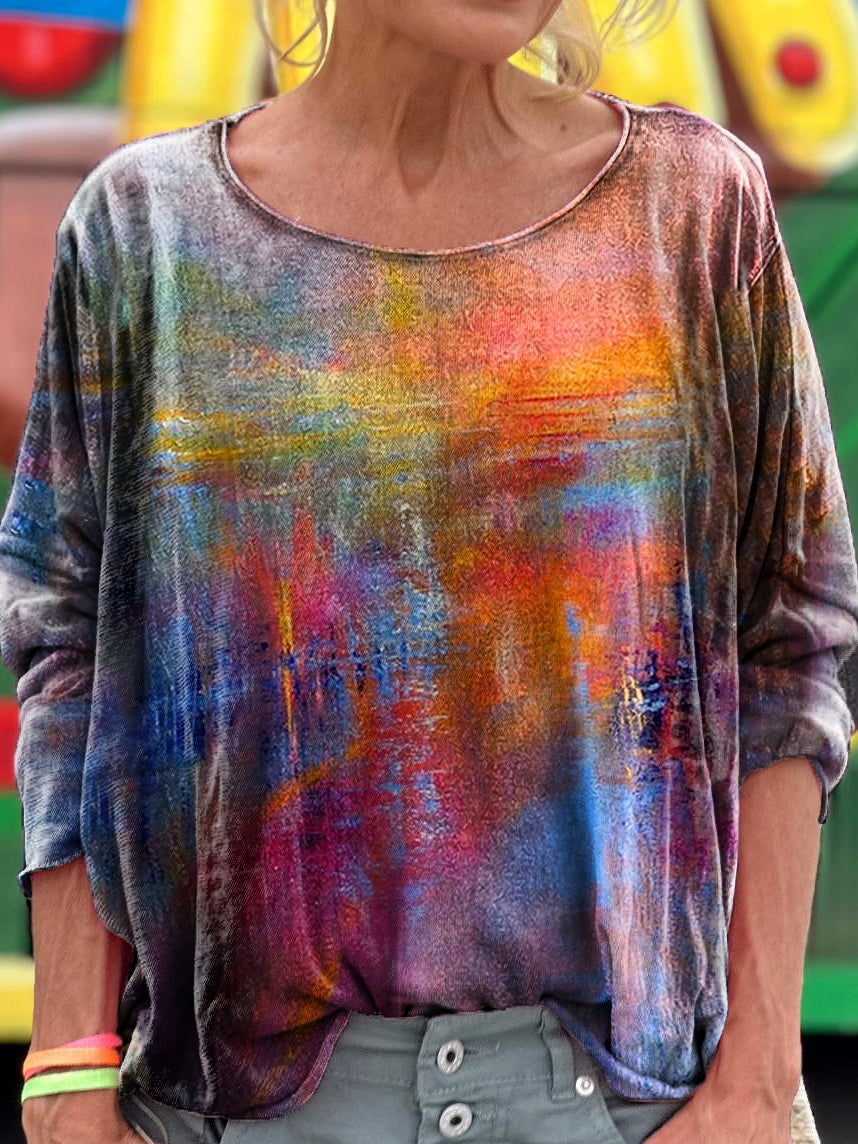 Colorful Tie-Dye Pattern Art Print Casual Long Sleeve T-Shirt