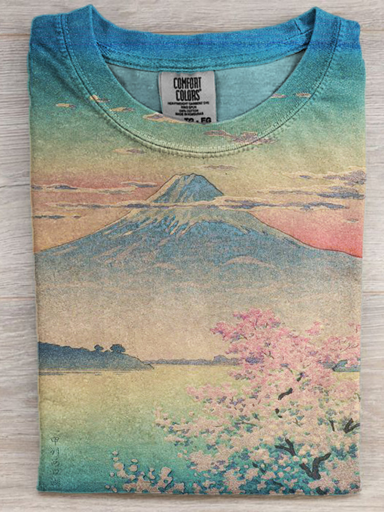 Comstylish Gradient Cherry Blossom Mount Fuji Landscape T Shirt