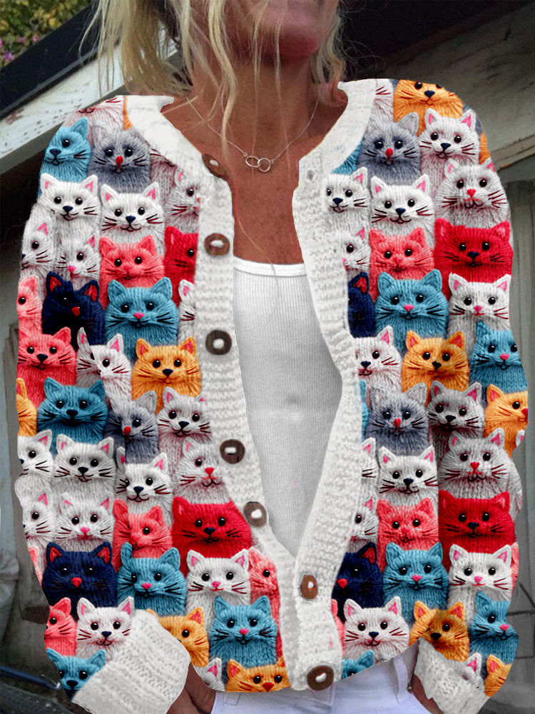 Colorful Cute Cats Embroidered Cozy Knit Cardigan elevenforest