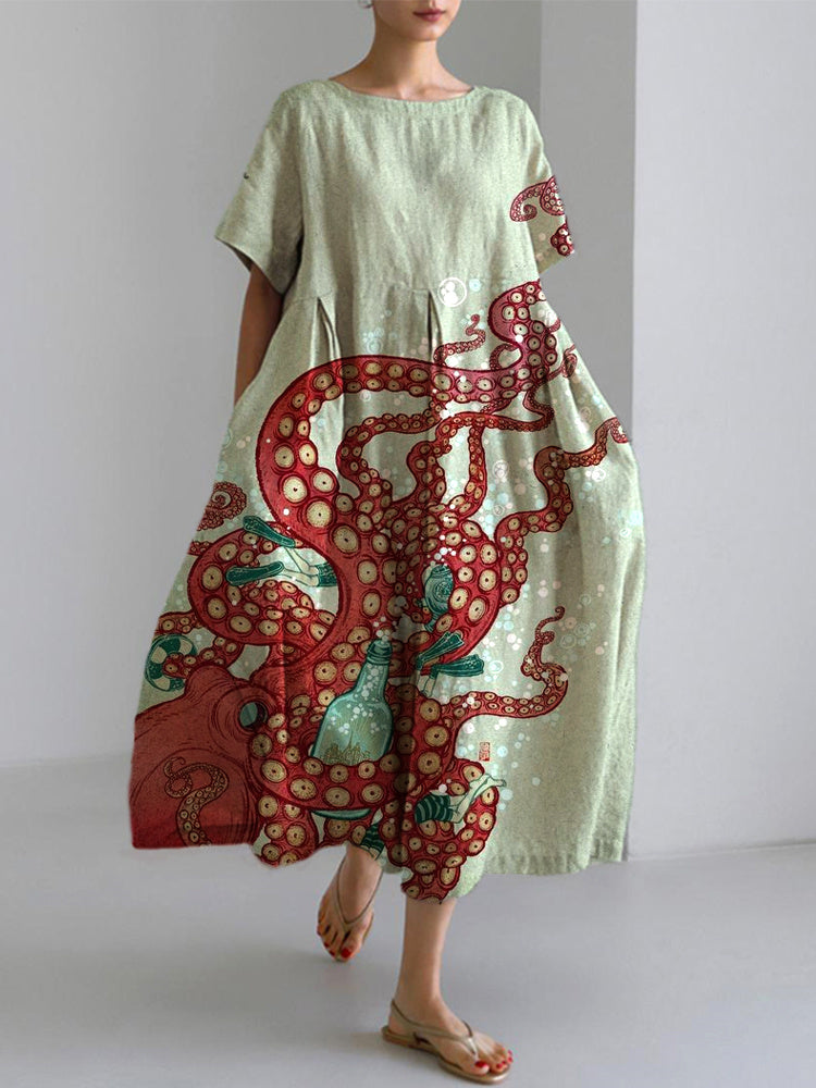 Ocean Octopus Japanese Art Linen Blend Casual Dress