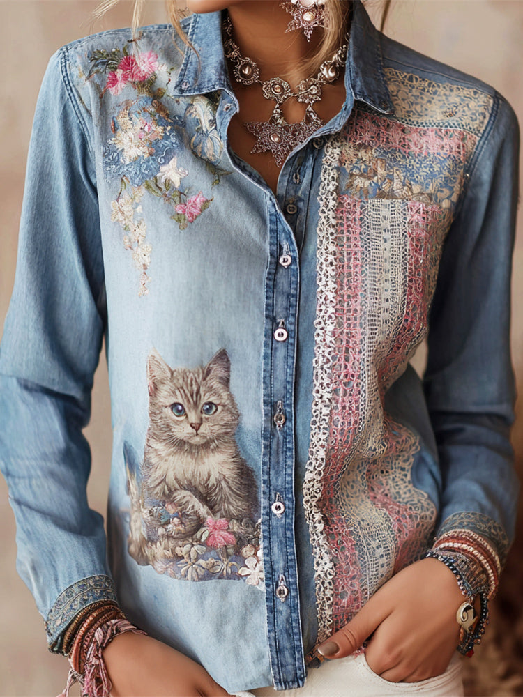 Comstylish Boho Cute Cat Lace Embroidery Women's Long Sleeve Denim Shirt