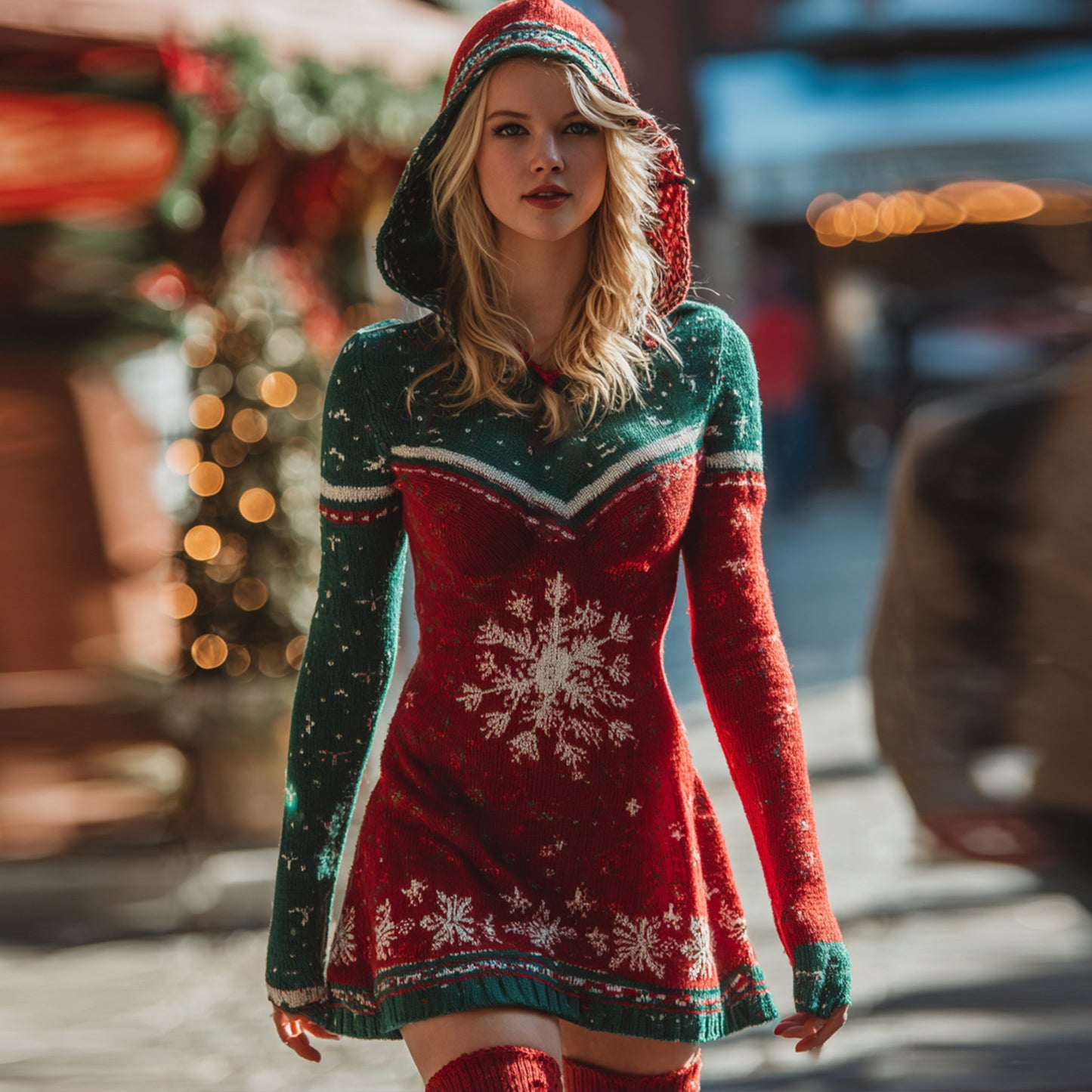 Women's Christmas Snowflake Knitted Hooded Sweater Dress artswardrobe