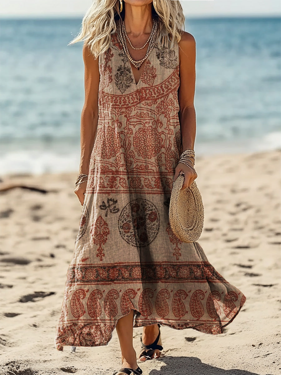 Women's Vintage Ethnic Floral Art Print V-Neck Sleeveless Cotton Pocke