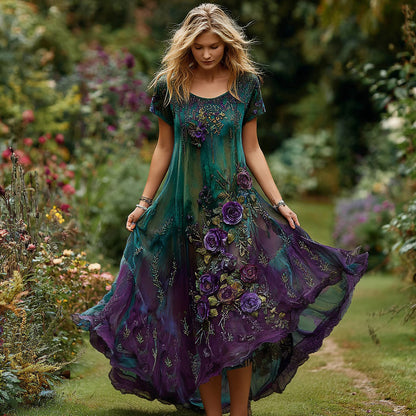 Women's Vintage Floral Embroidery Gradient Pattern Round Neck Dress artswardrobe