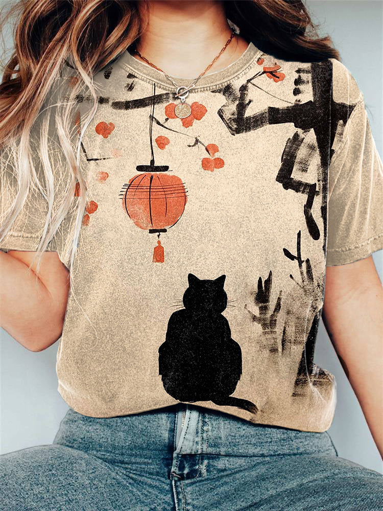 Vintage Japanese Art Cat Print Casual Cozy T-shirt elevenforest