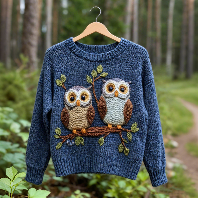Comstylish Vintage Forest Owls Crochet Cozy Knit Sweater